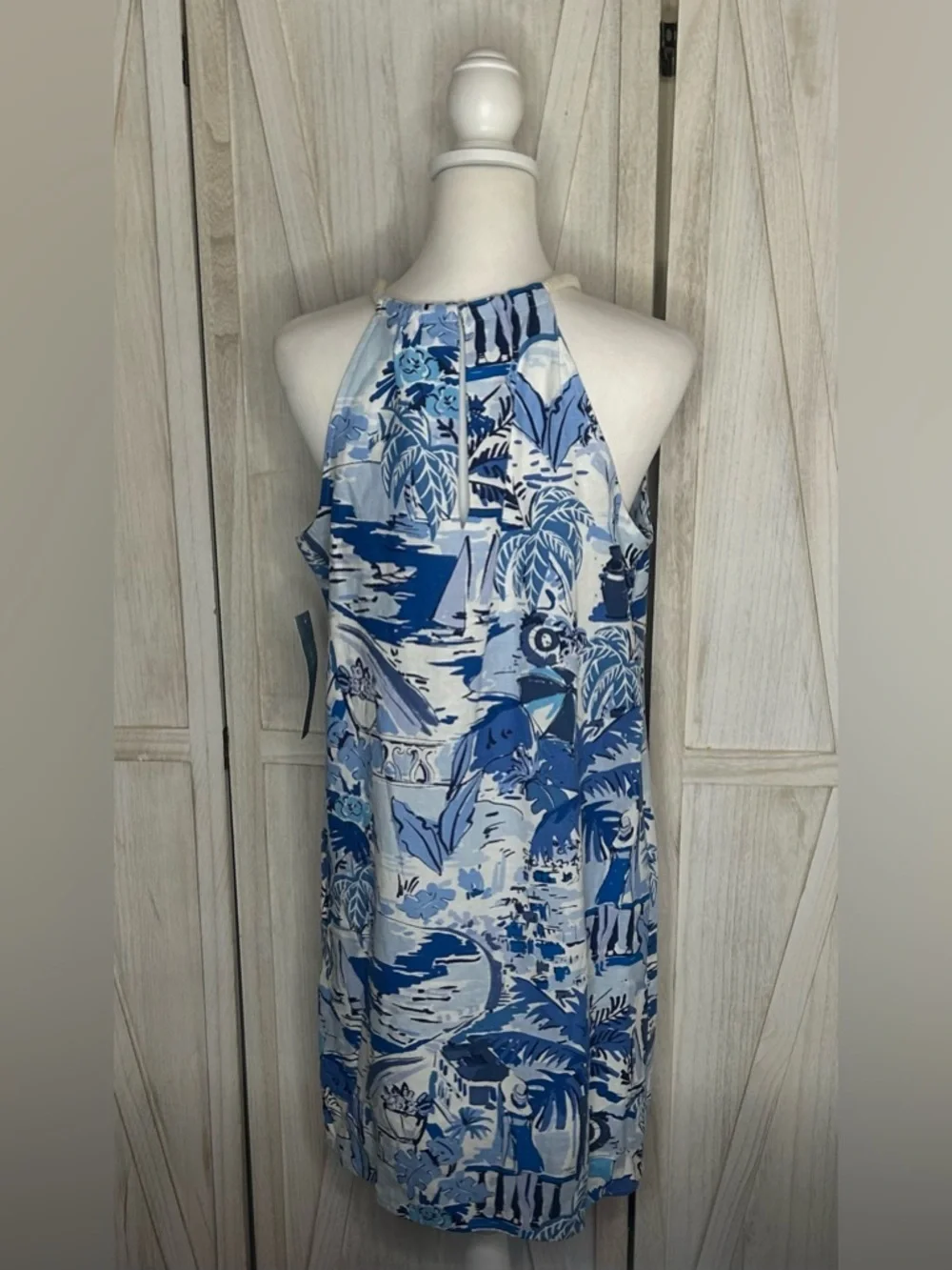 London Times NWT Blue and White Tropical Halter Dress Sz 10 Resortwear Linen